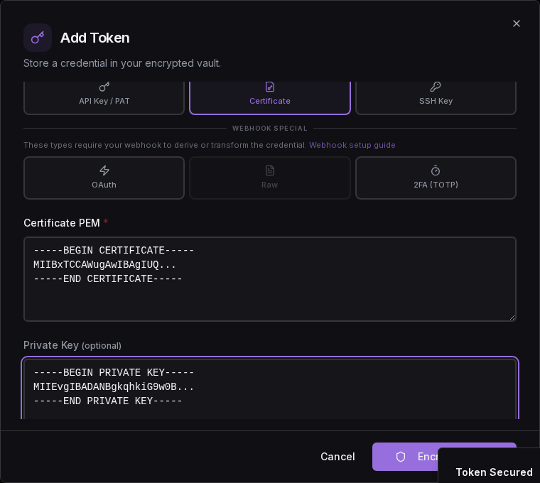 Add Token dialog: Certificate type