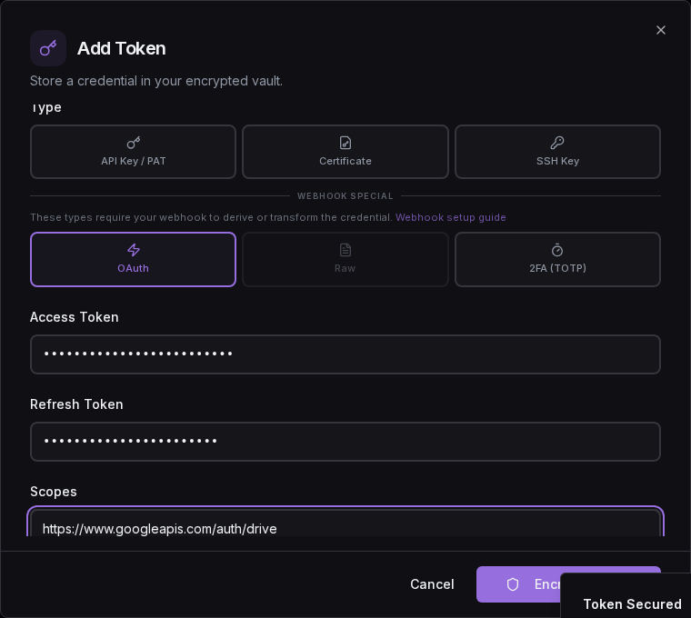 Add Token dialog: OAuth / JWT type