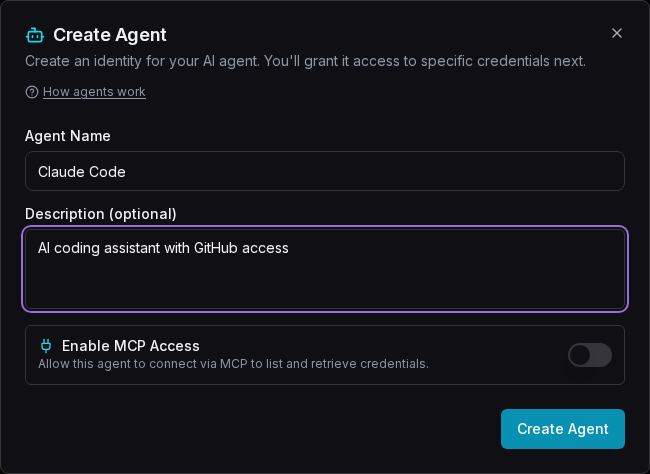 Create Agent dialog with fields filled