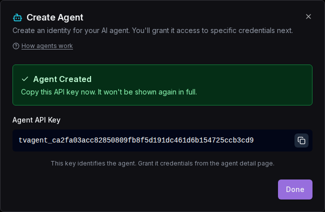 Agent Created success with API key