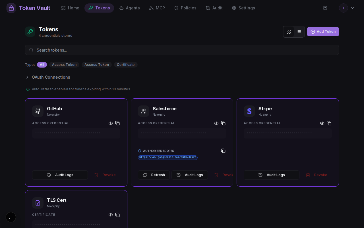 Tokens page with stored tokens