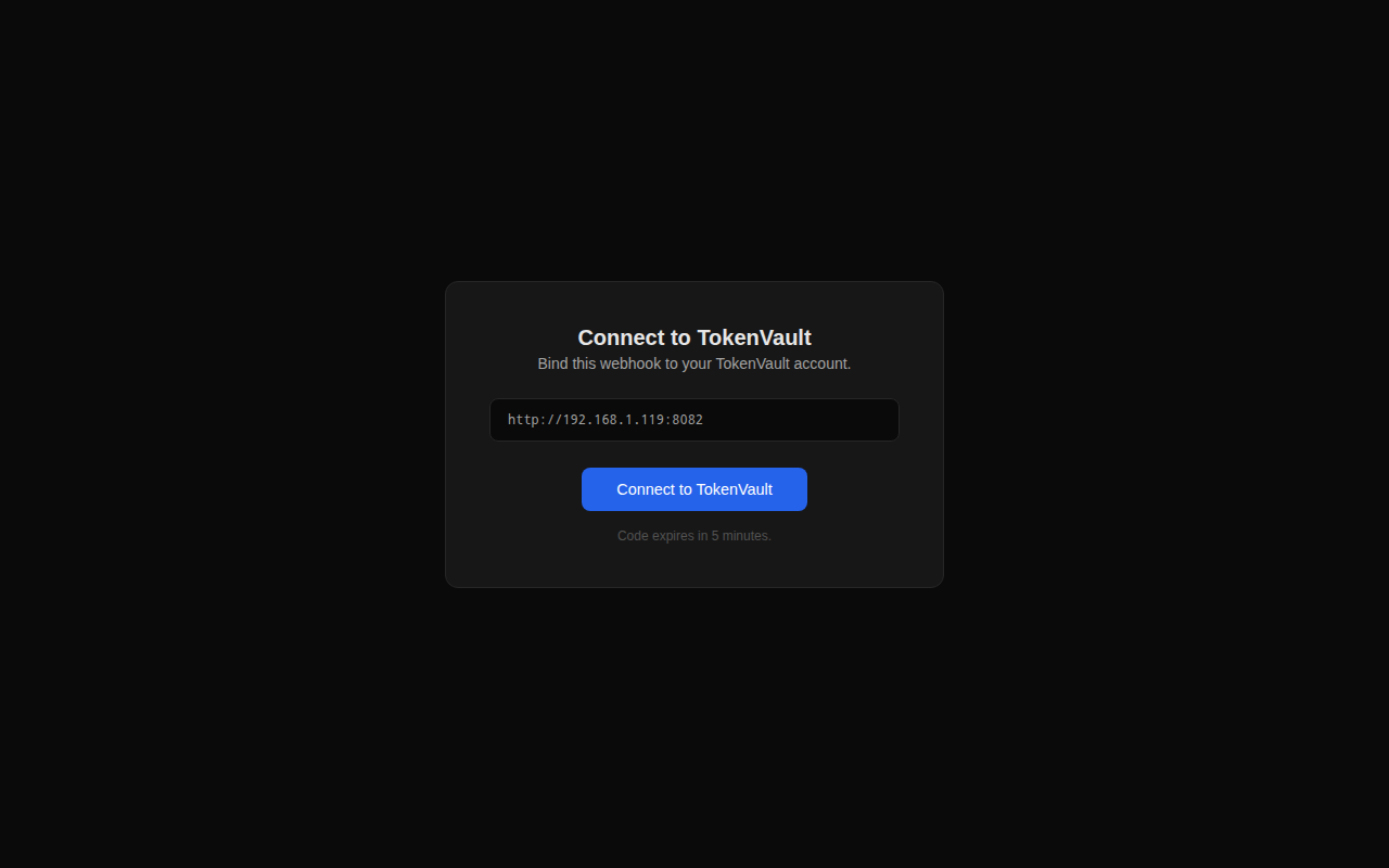 Webhook bind page showing Connect to TokenVault button