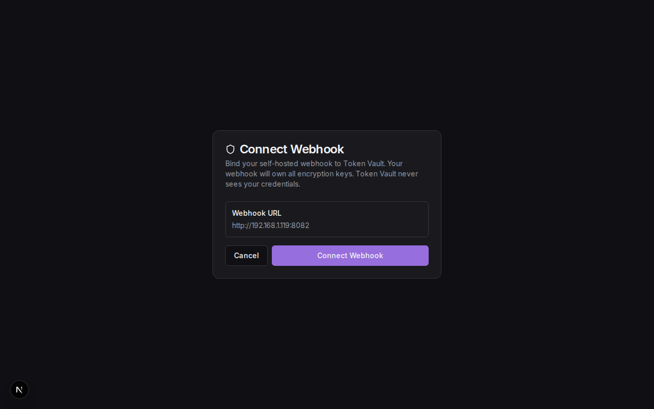 Token Vault confirmation page showing webhook URL and Connect Webhook button
