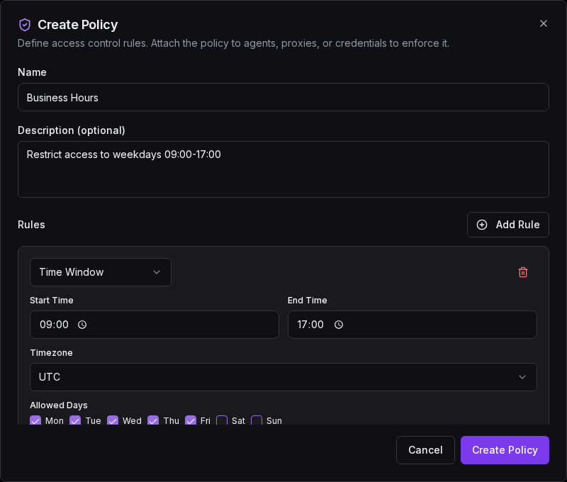 Create Policy dialog with rule