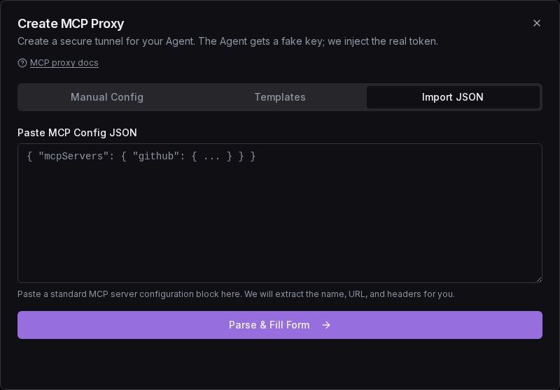 Create MCP Proxy: Import JSON tab
