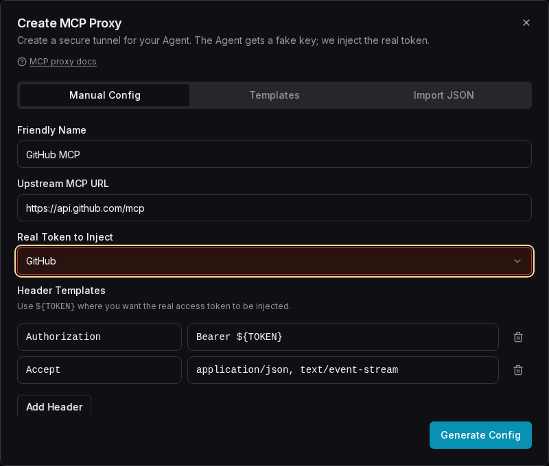 Create MCP Proxy: Manual Config tab
