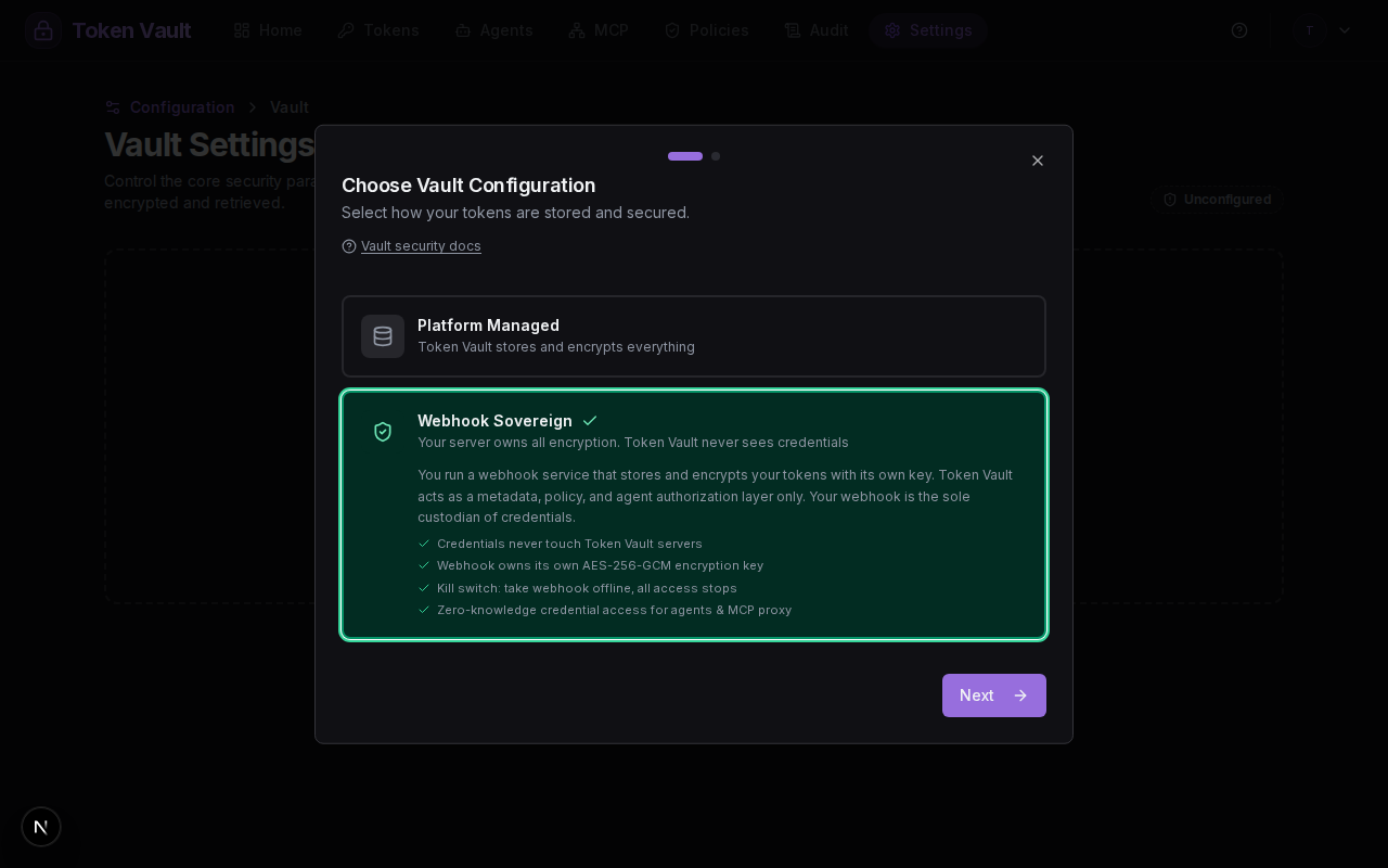 Setup wizard with Webhook Sovereign selected